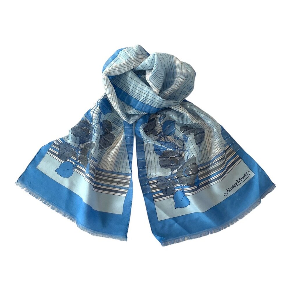 Vintage Monique Martin Blue Floral Striped Scarf – 52 x 11 – Sheer Lightweight W
